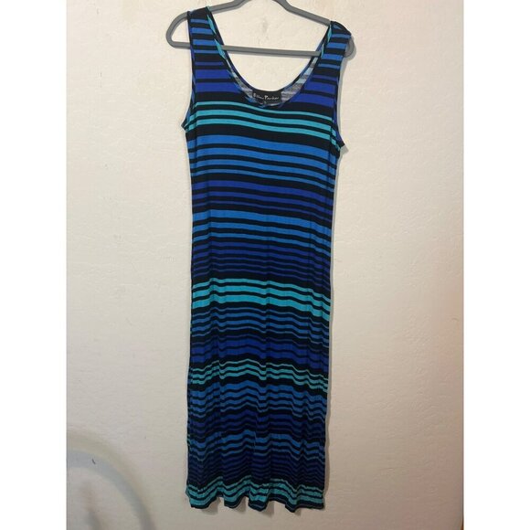 Ellen Parker Sz L Shades of Blue Horizontal Stripe Sleeveless Tank Dress - Picture 2 of 5